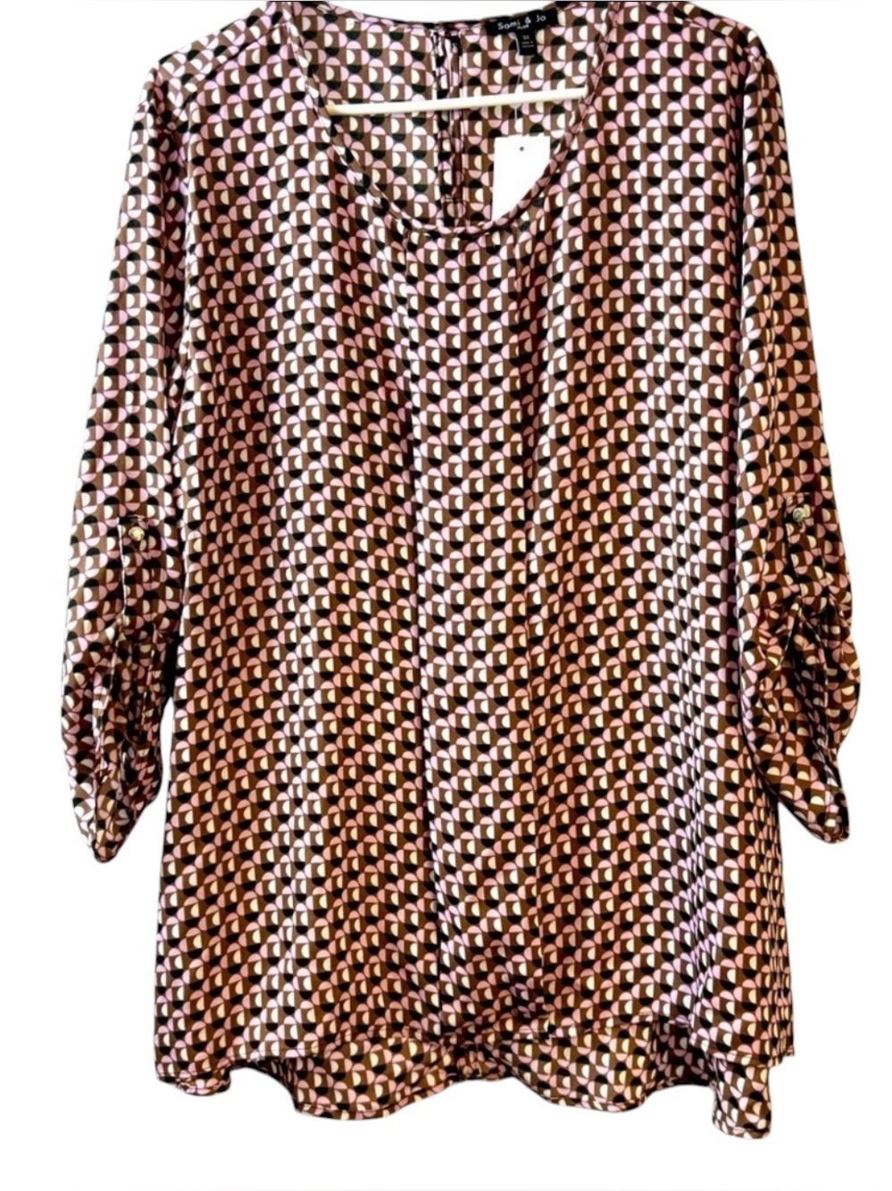 Sami & Jo Roll Tab Blouse Brown/Pink/White/Black Geometric Print size 3X NWT